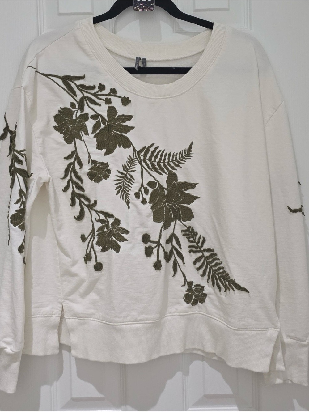 Anthropologie Fern and Floral Sweatshirt with Olive Embroidery